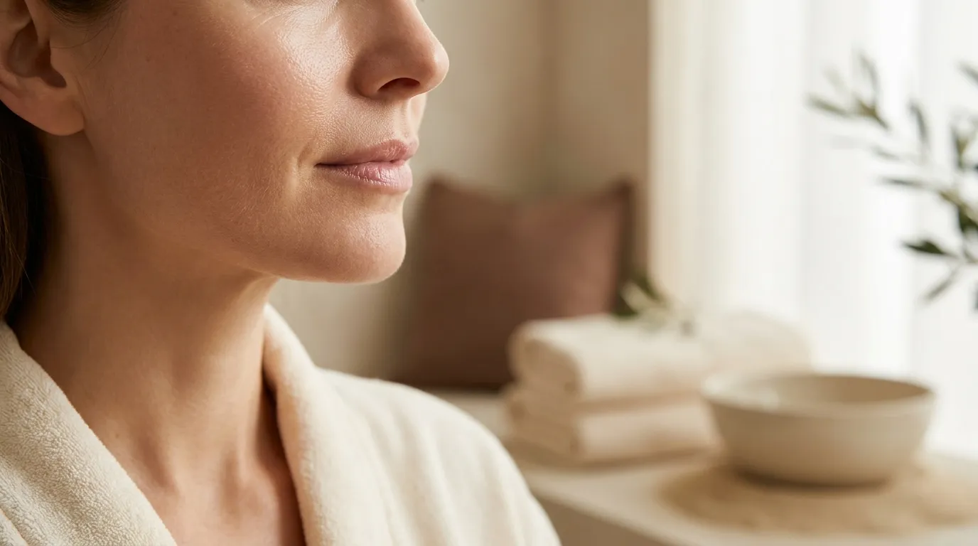 Mujer con piel saludable y luminosa, perfil de su rostro mostrando la mejilla, como ejemplo de los resultados de los bioestimuladores de colágeno.